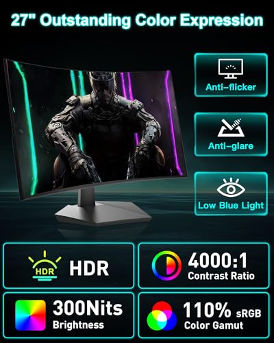 SANSUI 27 Inch Curved 160Hz Gaming Monitor 144Hz FHD 1080P Computer Monitor | 27” 1500R Curved PC Monitor, FPS/RTS, MPRT 1Ms, FreeSync, HDR, 4000:1, 110% sRGB, Low Blue Light, HDMI DP Ports for Gaming - size: 27.0001