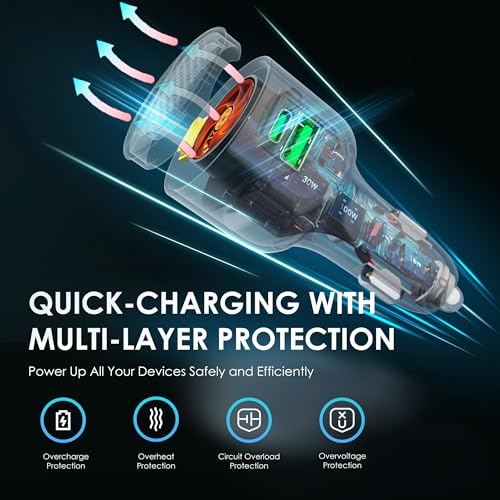 170W Car USB Charger with Built-in Heat Dissipation System, 3 Ports Car Adapter PD 3.1 140W/ PD 30W+QC18W Compatible with MacBook, Laptop, iPhone 17/16/15, Samsung Galaxy S24 (Black)