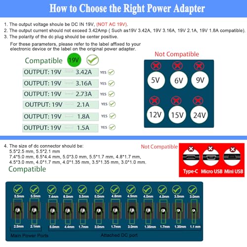 19V DC Power Supply, 19V 3.42A Laptop Charger, LCD Monitor Power Cord. | 19Volt Adapter with 10 Tips, fit for 19 Volt Acer Asus Lenovo Gateway Toshiba Laptop, 19Vdc Samsung LG TV Monitor.