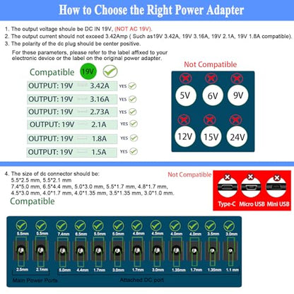19V DC Power Supply, 19V 3.42A Laptop Charger, LCD Monitor Power Cord. | 19Volt Adapter with 10 Tips, fit for 19 Volt Acer Asus Lenovo Gateway Toshiba Laptop, 19Vdc Samsung LG TV Monitor.