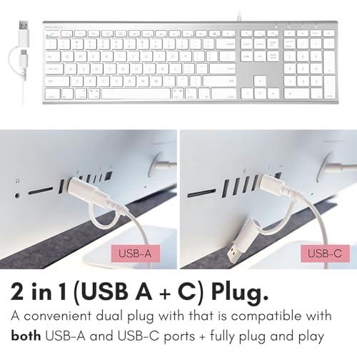 Macally Wired Keyboard for Mac (Upgraded Dual USB A + C Plug) - USB C Keyboard - Ultra Slim, 20 Shortcuts, 110 Scissor Keys - Compatible with Apple MacBook Pro/Air, Mac mini, iMac, iPad - Silver - color: Silver