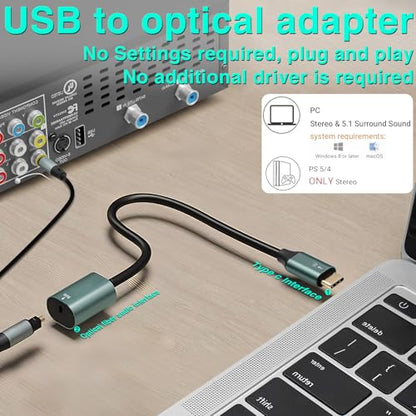 Duttek USB C to Optical Audio Adapter, Unidirectional USB-C to TOSLINK SPDIF Digital Audio Converter, 192KHz 24bit PCM Stereo Output for Soundbar TV PlayStation, Type C to Optical Cable. 7.87inch - style: usb c to optical audio adapter