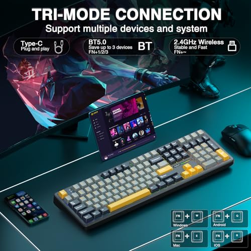 AULA F108 Wireless Mechanical Keyboard, BT5.0/USB-C/2.4GHz Hot Swappable Custom Gaming Keyboards, PBT Keycaps, Pre-lubed Switches, RGB Backlit Full Size Creamy Keyboard with Number Pad, 108 Keys - color: No Knob-Gray&Yellow