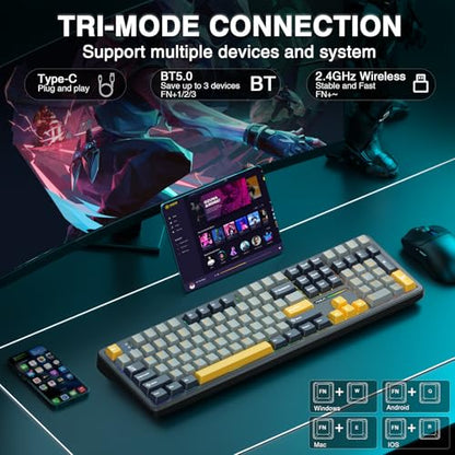 AULA F108 Wireless Mechanical Keyboard, BT5.0/USB-C/2.4GHz Hot Swappable Custom Gaming Keyboards, PBT Keycaps, Pre-lubed Switches, RGB Backlit Full Size Creamy Keyboard with Number Pad, 108 Keys - color: No Knob-Gray&Yellow