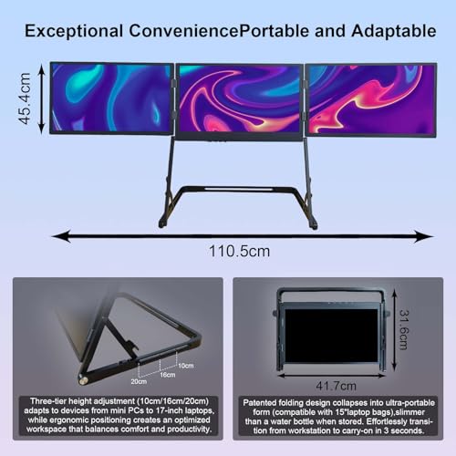 15.6-Inch FHD IPS 60Hz Triple Portable Monitors Extender | for 13–17”Laptops,Stable Bracket with Anti-Pinch Design,Aluminum Alloy,USB-C & H/D Interface,Suitable for Travel,Home Office