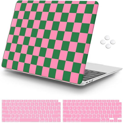 iCasso Compatible with MacBook Air 13 inch Case 2021 2020 2019 2018 Release A2337 M1 A2179 A1932 Touch ID, Plastic Hard Shell Case + Keyboard Cover + Screen Protector, Green Pink Checkered - color: Green Pink Checkered