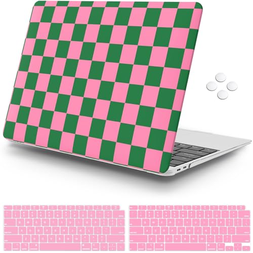 iCasso Compatible with MacBook Air 13 inch Case 2021 2020 2019 2018 Release A2337 M1 A2179 A1932 Touch ID, Plastic Hard Shell Case + Keyboard Cover + Screen Protector, Green Pink Checkered - color: Green Pink Checkered
