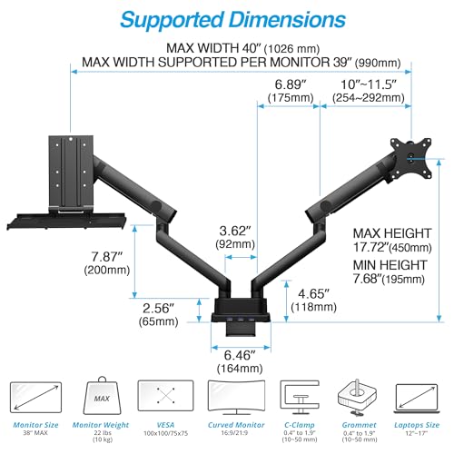 AVLT Laptop & Monitor Arm Desk Mount for 17-38" Screens, USB-C Dock - Black | Supports flat/curved screens up to 22 lbs each. 12-17" laptop tray, 7-in-1 USB-C dock, HDMI 4K60, Ethernet and 100W PD - color: Black