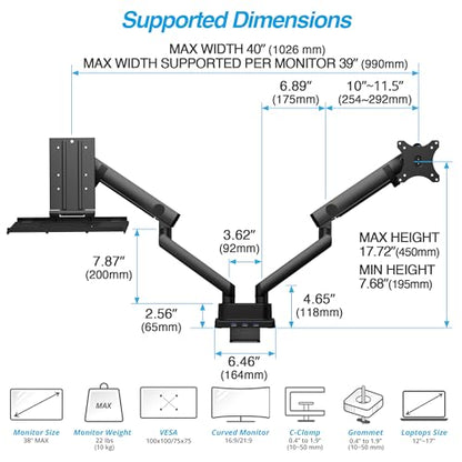 AVLT Laptop & Monitor Arm Desk Mount for 17-38" Screens, USB-C Dock - Black | Supports flat/curved screens up to 22 lbs each. 12-17" laptop tray, 7-in-1 USB-C dock, HDMI 4K60, Ethernet and 100W PD - color: Black