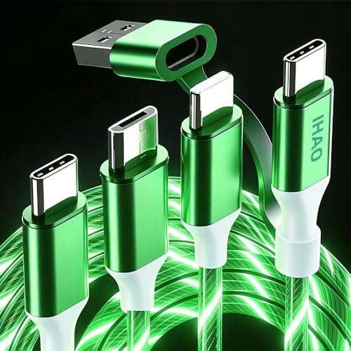 IHAO Multi Connectors Fast Charging Cable 6 Combinations in One Cable USB A/Type C to USB C/Micro USB Cord Lighted Up LED Flowing Compatible with Most of Electric Device-39 Inches Green - color: 6IN1 Multi Ports LED Green