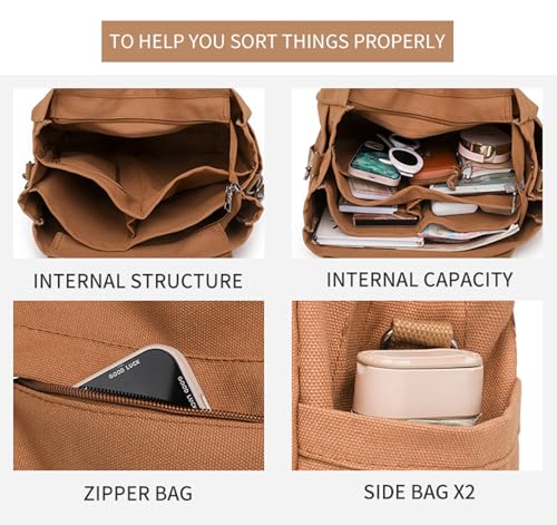 JARKJARD Canvas Crossbody Tote Bag for Women Laptop Work Handbag | Cute Aesthetic Shoulder Messenger Purse with Zipper Pockets and Compartments Great for Daily Travel and Office use - color: Brown