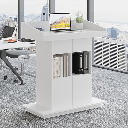 Portable White Floor Standing Podium - Sturdy Wooden Lectern with Large Desktop for Church, Conference, Speech, and Public Speaking - Ideal Presentation Tool