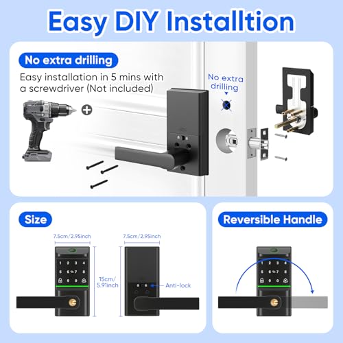 Smart Fingerprint Door Lock Handle, 7-in-1 Keypad Keyless Deadbolt | Smart Auto Lock Door with Phone/Watch App Control, Bluetooth Entry Door Lock, TT Lock APP Control, Reversible Handle - color: Black Keypad Lock with Handle