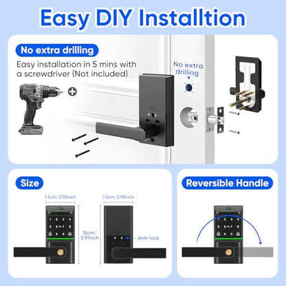 Smart Fingerprint Door Lock Handle, 7-in-1 Keypad Keyless Deadbolt | Smart Auto Lock Door with Phone/Watch App Control, Bluetooth Entry Door Lock, TT Lock APP Control, Reversible Handle - color: Black Keypad Lock with Handle