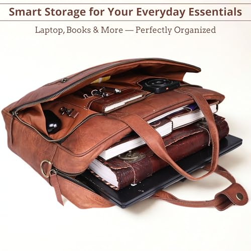 17-inch Genuine Leather Laptop Briefcase for Men and Women – Brown Leather Messenger Bag for Professional Work, Office, College & Travel Computer Laptop Bag