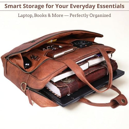 17-inch Genuine Leather Laptop Briefcase for Men and Women – Brown Leather Messenger Bag for Professional Work, Office, College & Travel Computer Laptop Bag