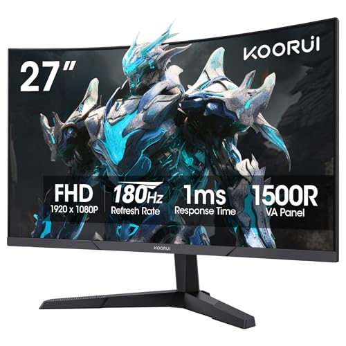 KOORUI 27 Inch Curved Gaming Monitor 180Hz FHD 1080P, 1500R VA Display | Adaptive Sync, 3000:1 Contrast, 90% DCI-P3, Eye Care, HDMI×2 and DP, VESA Compatible, FPS & Console Gaming, Bedroom Setup - size: 27inch 180Hz/FHD/Curved