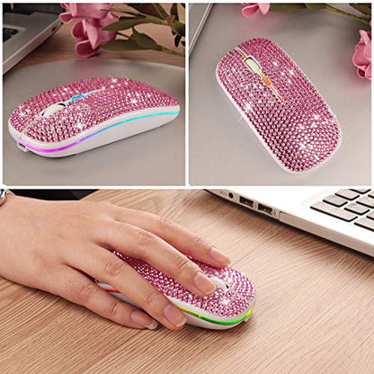 Bluetooth Mouse,Bling Dazzling 2.4GHz Rechargeable Wireless Mouse Slim Mouse with USB Receiver, Compatible with Notebook, PC, Laptop, Computer, MacBook,Great Present idea for Her (Pink) - color: Pink