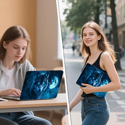 Universal Laptop Skin Sticker Decal, 12"-15.6" Aesthetic Vinyl Wrap, Blue Wolf with Glowing Moon Waterproof Notebook Cover Art Protector for MacBook HP Dell Lenovo, Fits 13" 14" 15" 15.6" - color: Blue Wolf with Glowing Moon