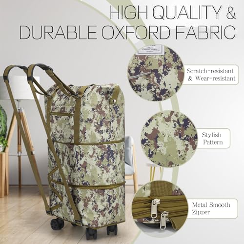 VOOWO Duffel Bag with Wheels - Rolling Foldable Expandable Duffle Bag with Wheels for Travel, Rolling Luggage Carry On Bag with Wheels, Large Rolling Backpack Weekend Bags for Men Women (Camouflage) - color: Camouflage
