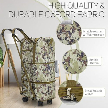 VOOWO Duffel Bag with Wheels - Rolling Foldable Expandable Duffle Bag with Wheels for Travel, Rolling Luggage Carry On Bag with Wheels, Large Rolling Backpack Weekend Bags for Men Women (Camouflage) - color: Camouflage