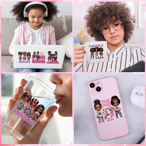 Rngmsi UV DTF Cup Wrap - 16 Sheets Black Girl UV DTF Cup Wraps for 16 oz Glass, Inspirational Quote Uvdtf Stickers for Water Botters, Cute Dog Bow Waterproof Rub on Transfer Decals, DIY Crafts - style: Black Girl