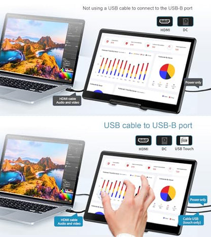 15.6" Portable Touchscreen Monitor, FHD 1920×1080 IPS Ra Pi Touch Screen Monitor for Laptop HDMI VGA DVI 10-Point Touchable Display VESA 75x75 Mountable for Laptops PC Pi POS Kiosk Home Industrial