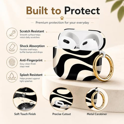 Compatible with AirPod 4 Case 2024, Cute Hard Plastic Protective Cover for Airpod 4th Generation Women, Shockproof Shell Skin with Gold Ring Keychain,Abstract Wavy Black Beige - color: Abstract Wavy Black Beige