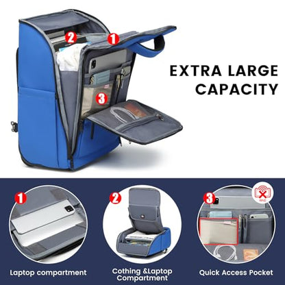 Rolling Backpack Waterproof Commuter Backpack with Wheels for Business, Laptop Compartment for 15.6-Inch Laptop, Wheeled Carry-On Bag for Adults - color: Blue