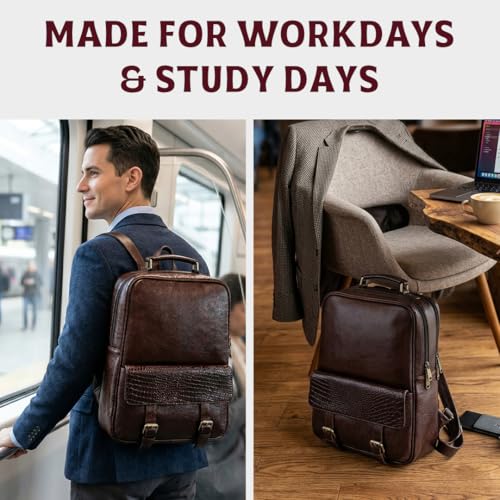 15.6" Luxury Burgundy Leather Laptop Backpack for Men & Women. Leather Bag for Professional Use in Office & Business - color: Burgundy