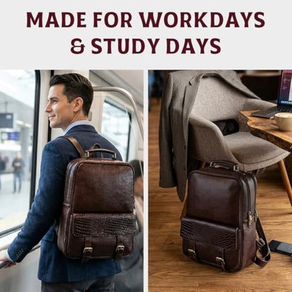 15.6" Luxury Burgundy Leather Laptop Backpack for Men & Women. Leather Bag for Professional Use in Office & Business - color: Burgundy
