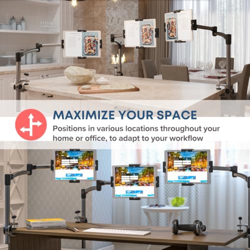 LEVO G2 Clamp-On Tablet Stand, Articulating iPad & Kindle Mount for Desk | 5-axis arm frees workspace, bedside or kitchen counter positioning, hands-free reading, recipes, video calls, work or play