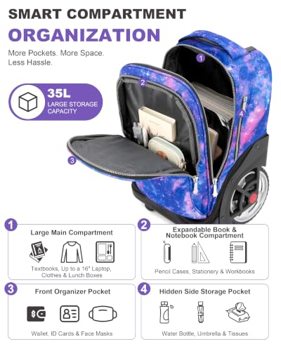 NEW TILAMI 19 Inch Rolling Backpack with Lunch Bag School Stair-Climbing | Stair-Climbing Teen Boys Girls Carry-on Suitcase Large Compartment 15.6 Laptop Sleeve Adjustable Handle Roller Travel Bag - color: Purple Star