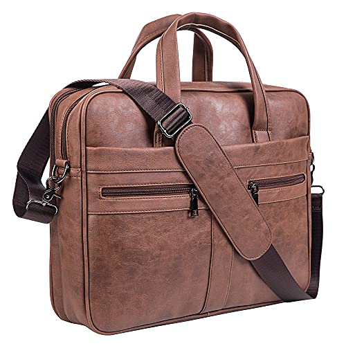 seyfocnia Men's Leather Messenger Bag, Laptop Briefcase Business Satchel Computer - size: 17.3inch, style: Brown