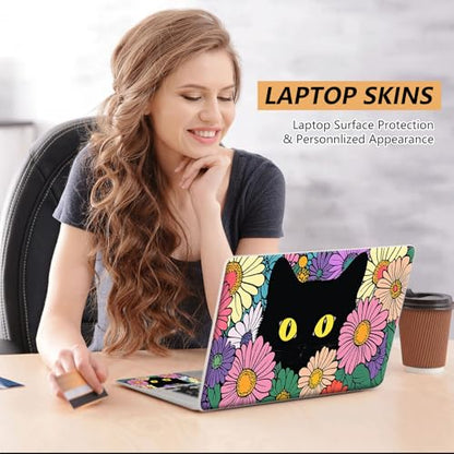 Laptop Skin Sticker for 12.1”-15.6“ Laptops (Fits 13”, 13.3”, 14”, 15”, 15.4”) | Protective Universal Reusable Vinyl Art Decal Cover | Waterproof & Scratch-Resistant-Black Cat in the Flowers - color: Black Cat in the Flowers
