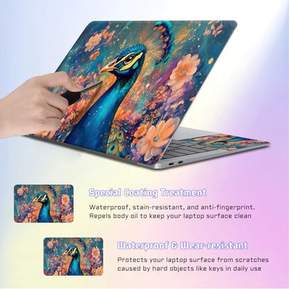 Universal Laptop Skin Sticker Decal, Compatible with MacBook HP Dell Lenovo 12"-15.6", Reusable Vinyl Notebook Cover 3PCS Set, High-Recognition Film-Floral Peacock Art - color: Floral Peacock Art