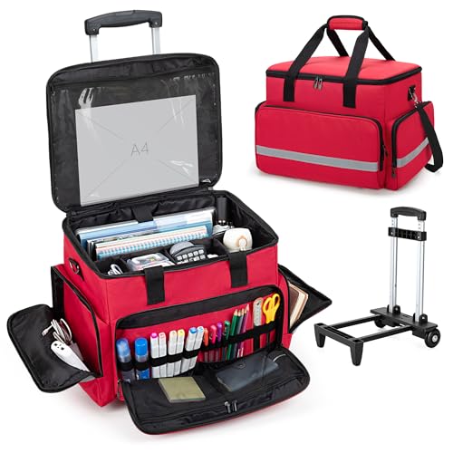 Rolling Teacher Tote Bag with Wheels for Teaching, Office, Work, Red | Work Bag for Women, Teacher Uility Tote Bag, Large Capacity - color: Red