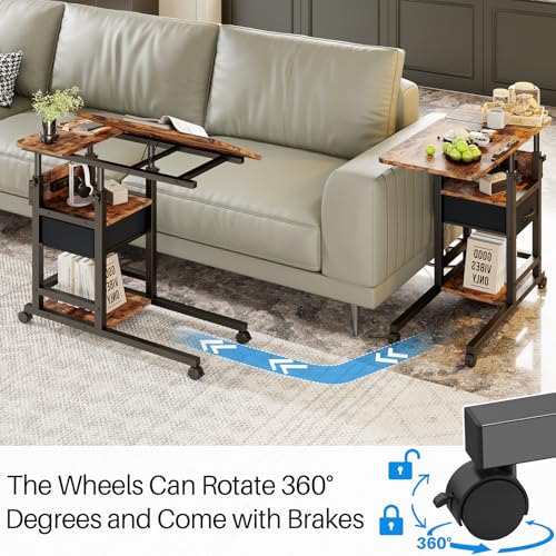 Adjustable Overbed Bedside Table with Wheels, Charging Station | Tilting Top, Adjustable Side Table, 2-Tier Storage with Drawer, Over Bed Table, C-Shaped End Table for Beds, Couch - color: Brown