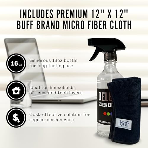 Delete Screen Cleaner Spray Kit, 16oz Bottle and 12"x12" Microfiber Cloth - style: 16oz, 1 Pack