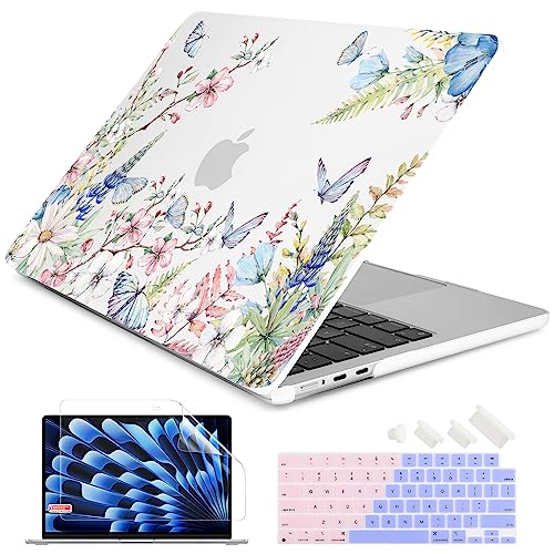 Batianda Case for MacBook Air 15" with M5 M4 M3 M2 Chip, Butterfly Garden | 4-in-1 Set with Watercolor Flowers Butterflies Design, Lightweight Slim Hard Shell For Women, Students and Floral Lovers - color: Butterfly and Flower