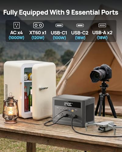 Portable Power Station 1000W, 576Wh Solar Generator 110V Pure Sine Wave AC Outlet with PD 100W USB-C Fast Charging, Power Bank Backup LiFePO4 Battery for Home Use Hurricane Emergency RVs (Peak 2000W) - color: Midnight Black