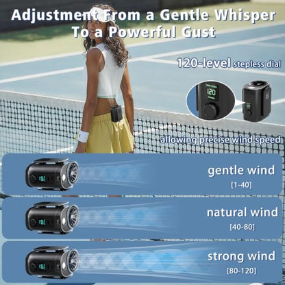 Portable Fan,120-Speed Adjustable Waist Clip Fan Turbo Cooling, Rechargeable Clip-On Personal Fan with LED flashlight,for Outdoor,Travel,Camping - color: Black