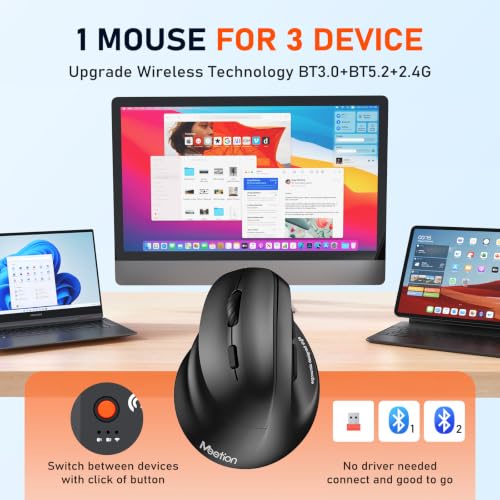 MEETION Left-Handed Wireless Ergonomic Vertical Mouse, Rechargeable - Black | Dual Bluetooth 5.2/3.0 + USB, RGB lighting, 4 adjustable DPI, compatible with Windows, Mac, PC, iPad and tablets - color: Left Black