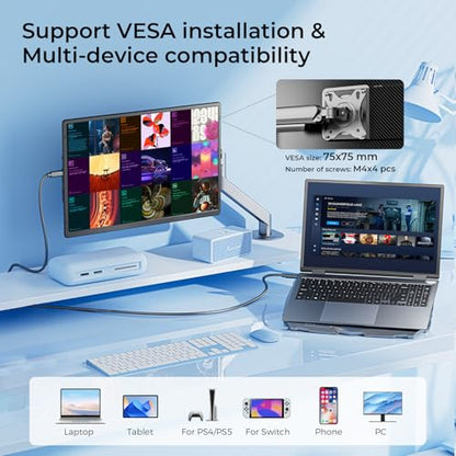 Laptop Screen Extender 16.1", 1200P FHD, Portable Monitor 360° Rotating Detachable Stand, Height Adjustable Monitor Extender for Laptop 13-17.5", Plug-Play for Tablet, PC, Phone, etc