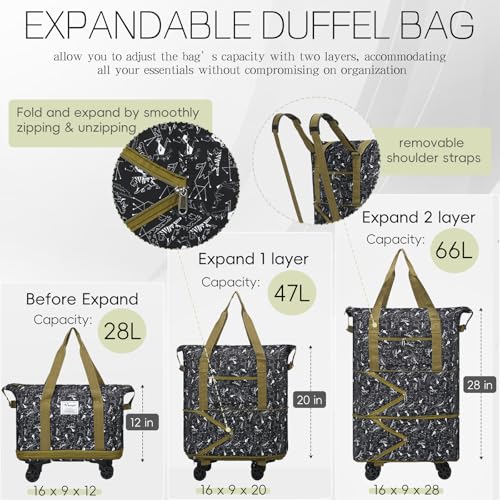 VOOWO Duffel Bag with Wheels - Rolling Foldable Expandable Duffle Bag with Wheels for Travel, Rolling Luggage Carry On Bag with Wheels, Large Rolling Backpack Weekend Bags for Men Women (Animal) - color: Animal