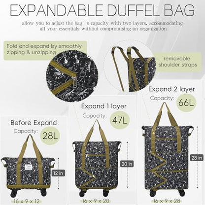 VOOWO Duffel Bag with Wheels - Rolling Foldable Expandable Duffle Bag with Wheels for Travel, Rolling Luggage Carry On Bag with Wheels, Large Rolling Backpack Weekend Bags for Men Women (Animal) - color: Animal