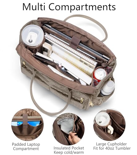 Bagstellar Teacher Tote Bag for Women, 15.6" Laptop Work Tote Computer Bag | Quilted Bible Nurse Bag with 40oz Cup Holder, Insulated Pocket & Strap, Large Laptop Briefcase for School Travel Office Gifts - color: Dark Taupe