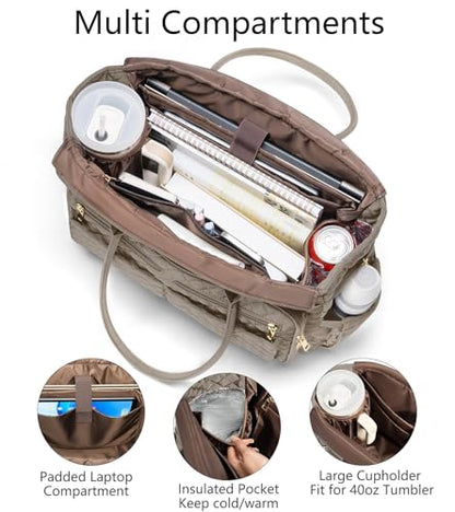Bagstellar Teacher Tote Bag for Women, 15.6" Laptop Work Tote Computer Bag | Quilted Bible Nurse Bag with 40oz Cup Holder, Insulated Pocket & Strap, Large Laptop Briefcase for School Travel Office Gifts - color: Dark Taupe