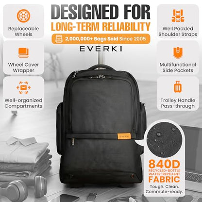 EVERKI Wheeled 123 Laptop Rolling Backpack for Men & Women, Black - 32L | Professional Design, Padded Laptop Compartment, Replaceable Wheels, Business & Work, Travel-Friendly, Fits up to 16" - size: Wheeled 123 Laptop Backpack - 32L