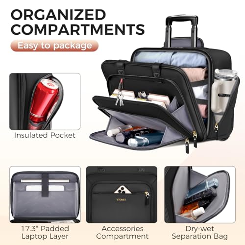 Ytonet Rolling Laptop Bag Women, 17.3 Inch Laptop Briefcase with Large Cup Holder, Carry On Luggage with Insulated & Waterproof Pocket, Roller Bag with Lock, Teacher Bag for Work Travel,Black - color: Black
